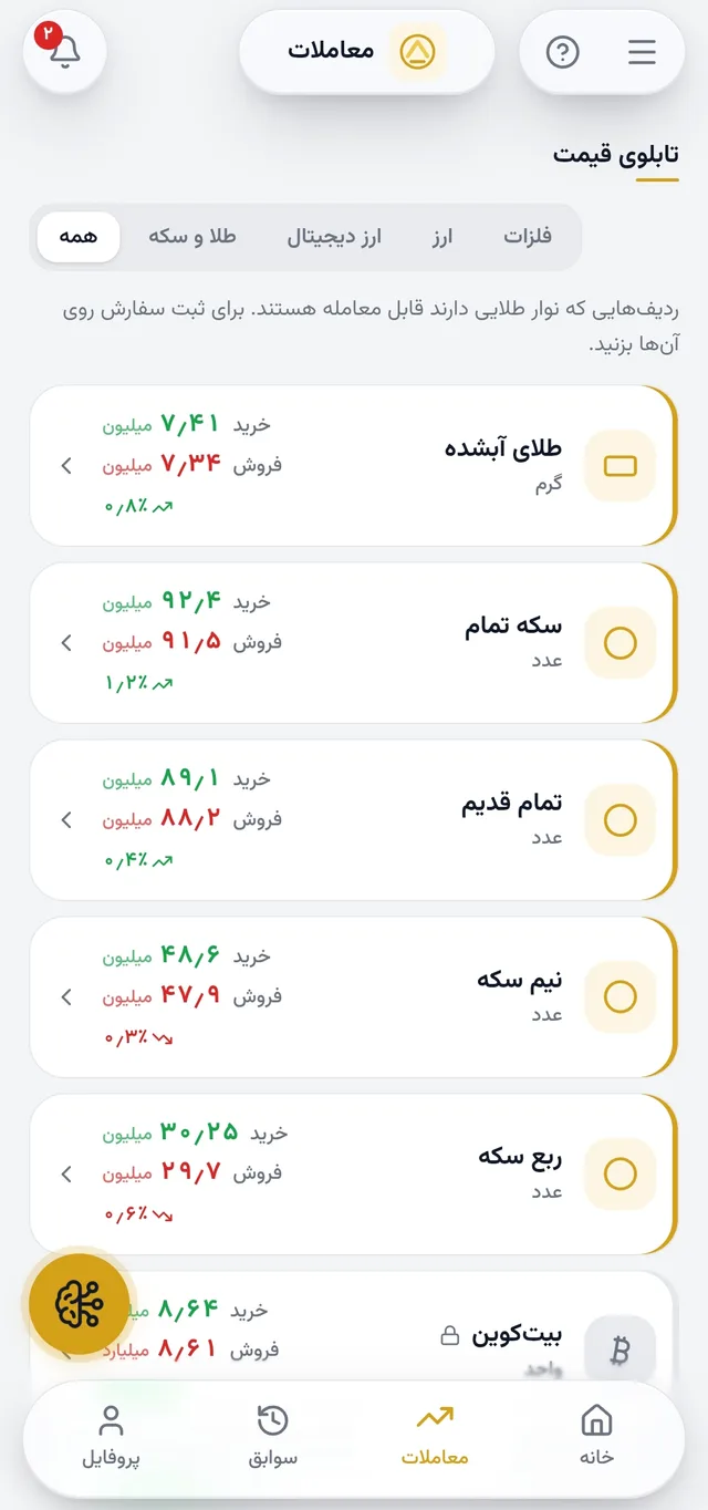 تابلوی قیمت در وباپ پروازی گلد