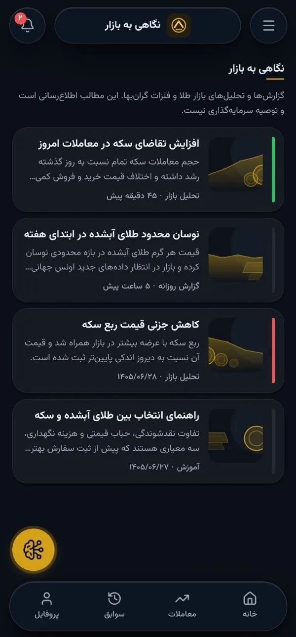 بخش نگاهی به بازار در وب‌اپ پروازی گلد